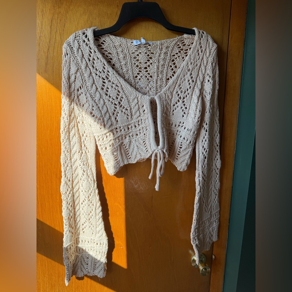 emory park Cream Crochet Tie-Front Cardigan Sweater
